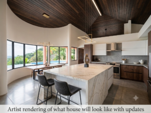 Contemporary kitchen with marble island and ocean view in Dominical.