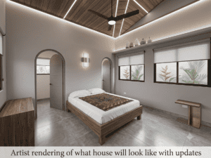 Contemporary bedroom with ocean view, wooden ceiling, and minimalist decor.