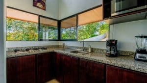 Modern kitchen with granite countertops and large windows overlooking nature.