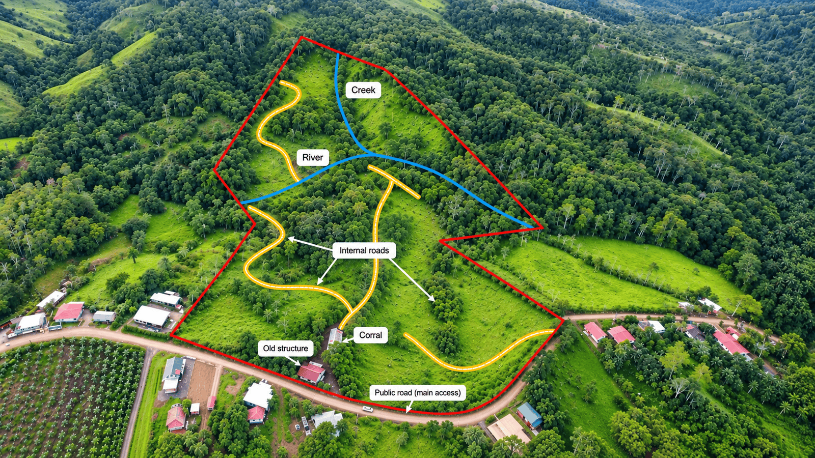 Aerial view of Dominical land with internal roads, creek, river, and old structure.