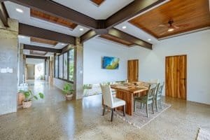Spacious dining room with wooden ceiling and ocean view in Dominical.