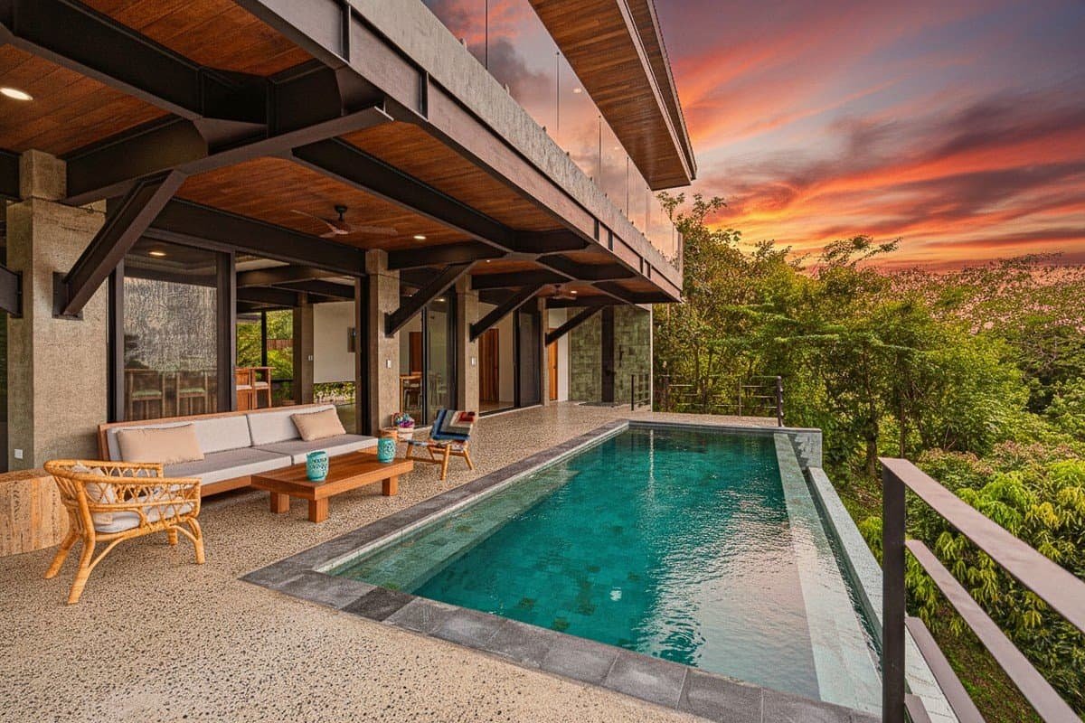 Modern house with pool and ocean view in Dominical at sunset.