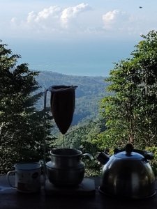 View of ocean and valley from a cabin in Dominical, Costa Rica.