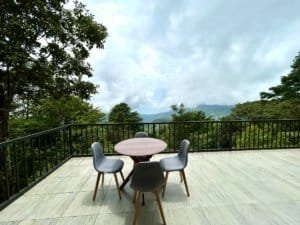 Outdoor deck with table and chairs overlooking lush forest and mountains.