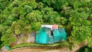 Aerial view of a cabin with pool surrounded by lush forest in Dominical, Costa Rica.