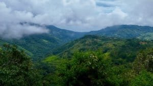 Lush green mountains and clouds over Dominical, Costa Rica.