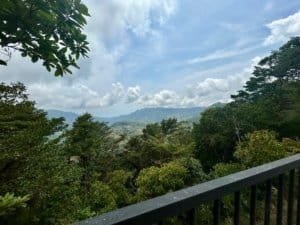 Scenic view of lush green forest and distant mountains in Costa Rica.