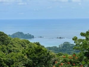 Scenic ocean view from a lush green hillside in Dominical, Costa Rica.