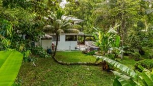 Fully renovated Costa Rican-style home surrounded by lush tropical greenery and streams.