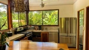Fully renovated Costa Rican-style kitchen with large windows and modern appliances.