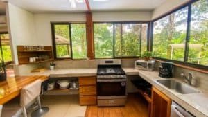 Fully renovated kitchen with large windows overlooking lush greenery in Costa Rica.