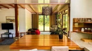 Bright living room with large windows, wooden accents, and lush greenery outside.