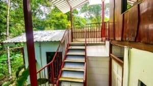 Balcony view of a Costa Rican home surrounded by lush greenery and trees.