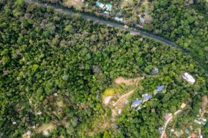 Aerial view of lush green coastal estate with multiple building sites in Dominical.