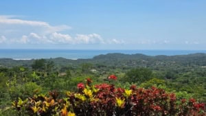 Scenic view of ocean, mountains, and lush greenery in Dominical, Costa Rica.