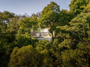 Modern tropical home with ocean view surrounded by lush greenery in Dominical.