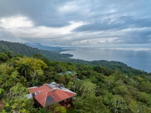 Elevated ocean view home surrounded by lush rainforest in Dominical.