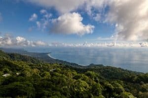 Cinematic ocean view from Costa Ballena with lush jungle canopy.