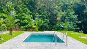 Swimming pool with lush green forest in the background in Dominical.