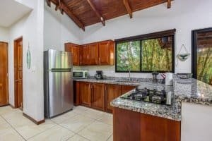 Modern kitchen with wooden cabinets, granite countertops, and jungle view.