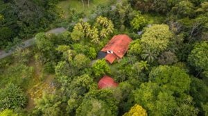 Aerial view of lush tropical forest with a house and cabin in Dominical, Costa Rica.