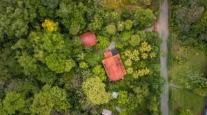 Aerial view of a lush Costa Rican estate with a house and cabin in dense forest.