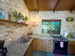 Bright kitchen with stone walls, wooden cabinets, and a view of lush greenery.