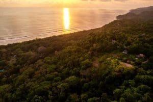 Aerial view of lush forest and ocean at sunset in Dominical, Costa Rica.