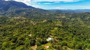 Panoramic view of lush mountains and forest in Dominical, Costa Rica.