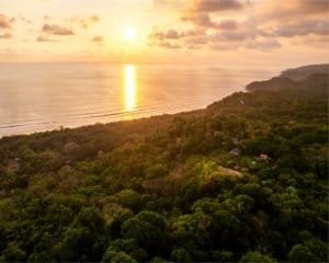 Sunset over the ocean with lush green forest in Dominical, Costa Rica.