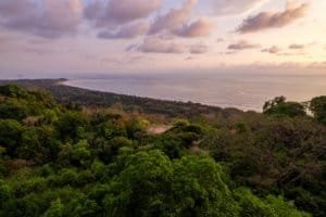 Scenic view of Dominical coast with lush greenery and ocean sunset.