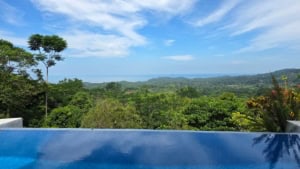 Scenic view of ocean, mountains, and lush greenery from a property in Dominical.