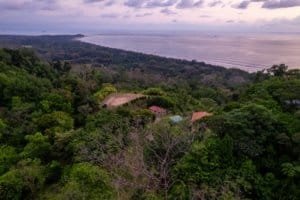 Aerial view of lush forest, coastline, and ocean in Dominical, Costa Rica.
