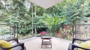 Balcony overlooking lush tropical forest in Dominical, Costa Rica.