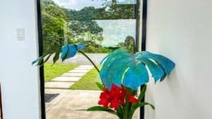 Indoor view with large tropical plant and ocean landscape in background.