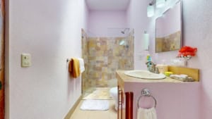 Small bathroom with shower, sink, mirror, and colorful decor in Costa Rica.