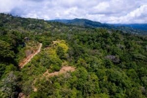 A lush green hillside with multiple building sites and paved access in Dominical, Costa Rica.