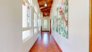 Sunlit hallway with tropical paintings and wooden ceiling in Dominical home.