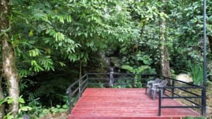 Deck with chairs overlooking rainforest and waterfall in Dominical.