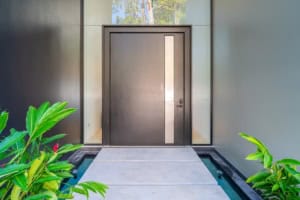 Contemporary front door with sleek design and tropical plants in Dominical.