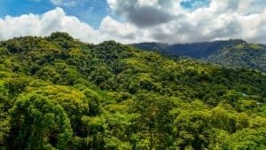 Lush green mountains with ocean view and partly cloudy sky in Dominical.