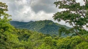 Lush green mountains and cloudy sky in Dominical, Costa Rica.