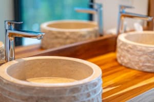 Elegant stone sinks with modern faucets in a tropical bathroom setting.