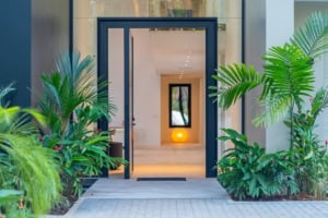 Contemporary home entrance with lush tropical plants and open door.