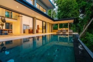 Modern tropical home with infinity pool and lush forest surroundings.