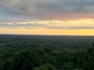 Stunning sunset over lush green forest with ocean and mountain views in Dominical.