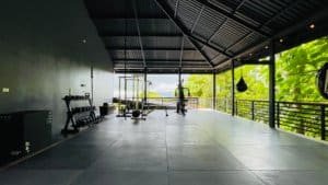 Modern gym with partial ocean view, mountain scenery, and fitness equipment.