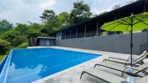 Modern saltwater pool with lounge chairs and umbrella in lush Costa Rican landscape.