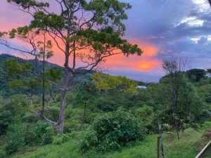 Beautiful view of lush green mountains at sunset in Costa Rica.