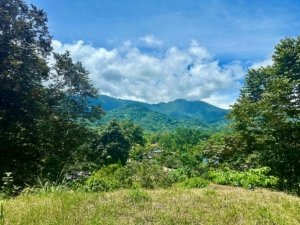 Beautiful mountain landscape with lush greenery and blue sky in Dominical.